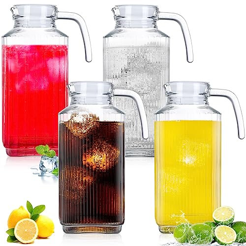 Gejoy 4 Stück 1,700 ml Glaskrug mit Deckel Kühlschrank Krug Saftkrug Glas Wasserkrug Getränkebehälter Krug für Kühlschrank Eistee Limonade Milch Cocktails kalt