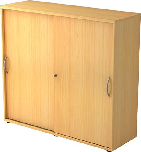 bümö Schiebetürenschrank 3OH - Aktenschrank abschließbar, Sideboard Schrank mit Schiebetüren in Buche, Bogengriff - Büroschrank aus Holz mit Schiebetür, Büro Kommode für Ordner & Co.