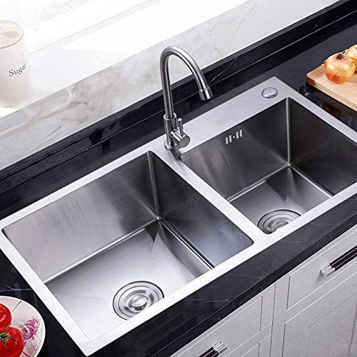 Fregadero Cocina 2 Senos Fregadero Incorporado de Acero Inoxidable 78 × 43 × 21 cm, Fregadero Doble con Cesta de Drenaje