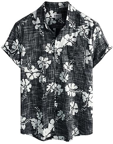 VATPAVE Mens Front Pocket Hawaiian Flower Shirts Casual Short Sleeve Button Down Beach Shirts X-Large Black White Floral