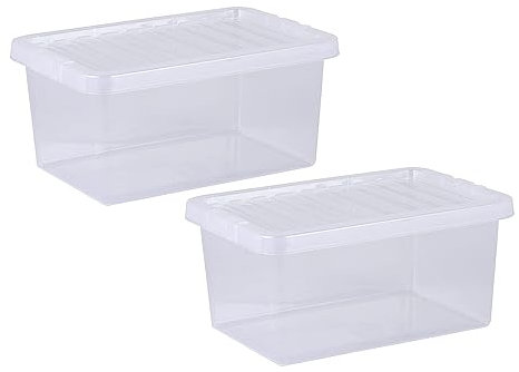 CHPL 2x 11 Litre Large Crystal Clear Plastic Storage Box With Secure Clip on Lid Stackable Organizing Box Transparent Container For Bedroom, Garage, Office (11 Litre)
