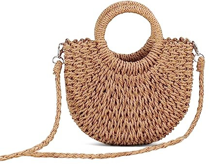 NICOLE & DORIS Sac à Main en Paille Femme Sac de Plage avec Bandoulière Sac Rond en Rotin Sac de Paille Sac D'épaule Tissé pour Voyage Vacances Marron