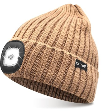 COTOP LED Beanie with Light,USB Rechargeable Hat Hands Free 4 LED Headlamp Cap Winter Knitted Night Lighted Hat Flashlight Women Men Gifts for Dad Him Husband (Brown)