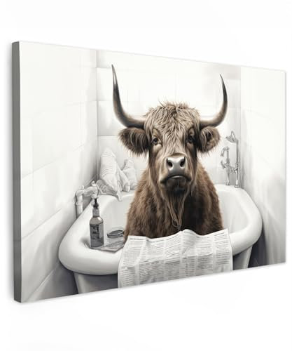 MuchoWow© Wandbilder Groß 120x80 cm XXL Wohnzimmer Wanddeko Schlafzimmer Zimmerdeko Fotowand Zimmer Deko Wand Dekoration Wall Art Schottische Hochlandrind - Highland Cow - Bad - Badezimmer - Zeitung