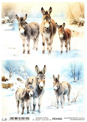Josys Bastelmärchen Reispapier A4 Strohseide Weihnachten Landschaft Esel im Schnee Winter RE4462