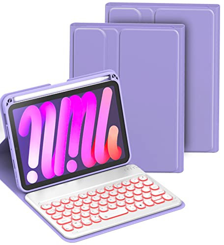 HLTOOP Tastaturhülle für iPad Mini 6 2021 (8,3 Zoll), 7 Farben, Hintergrundbeleuchtung, magnetisch abnehmbare, kabellose Bluetooth-Tastatur, weiche TPU-Rückseite mit Stifthalter, Violett