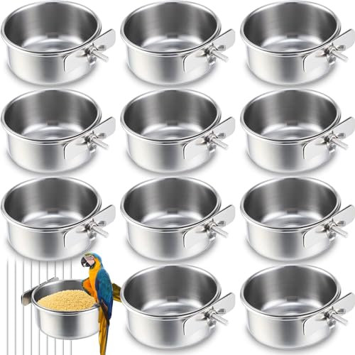 Lot de 12 mangeoires en acier inoxydable de 283,5 g avec pince pour perroquet, cage à eau, bols pour perruches, calopsittes et petits animaux