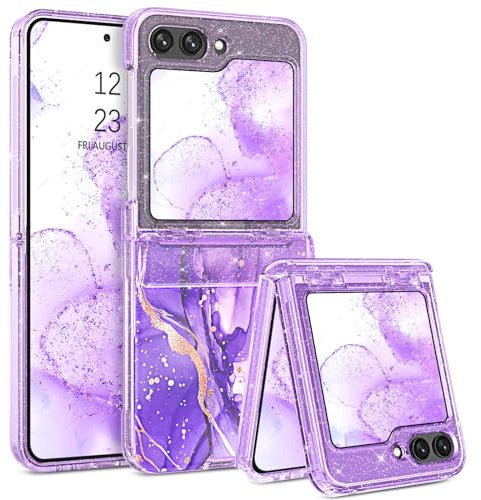 YINLAI Samsung Galaxy Z Flip 5 Case Marble Pattern Full Body Rugged Drop Shockproof Protection Girly Women Case for Samsung Galaxy Z Flip 5 6.7 Inch, Purple/Clear