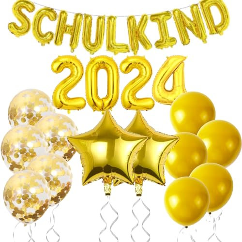 2024 Schulanfang Deko Einschulung Junge Mädchen,14 Stück Einschulung Deko Ballon Set,Schulkind Deko Gold,Deko Schulanfang mit Zahl 2024 Luftballon,Stern Einschulung Folienballon,Konfetti Luftballons