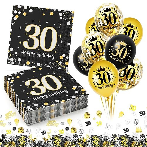 30. Geburtstag Deko Servietten 30 Stück+18 Stück Schwarz Gold Luftballons+ Konfetti Set, 30 Geburtstag Mann Frau Jubiläum Servietten, 3-Lagig Servietten 33x33cm,Geburtstagsservietten