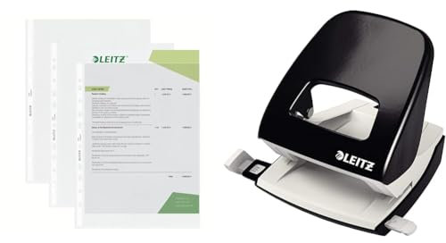 Leitz Standard Prospekthüllen-Set, 100 Stück, A4 Format & Büro Locher aus Metall, Für 30 Blatt, Anschlagschiene mit Formatangaben, Die Nummer 1 am Markt, Ergonomisches Design, schwarz, 50080095