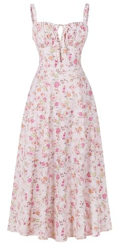 Odizli Abito lungo da donna, estivo, senza maniche, con spalline sottili, bohémien, con spacco, Rosa, M