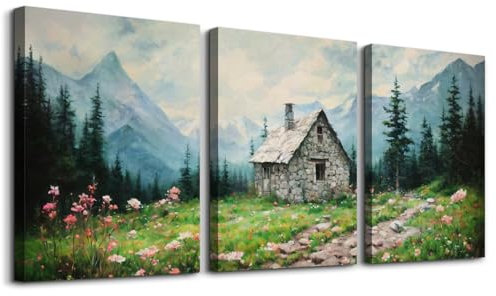 SERIMINO Leinwandbild mit Naturlandschaft für Wohnzimmer, Wald, Berg, Leinwanddrucke, Gemälde, Raumdekoration, Landhauswiese, Wildblume, moderne Bauernhaus-Wanddekoration, 3er-Set, 30,5 x 40,6 cm