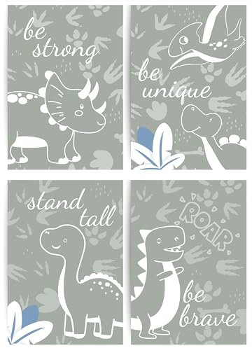 Papierkindᵀᴹ 4er Poster Set - Dinosaurier T-Rex Triceratops Pteranodon | Wanddeko fürs Kinderzimmer | Dino Poster für Jungenzimmer | Bilder in DIN A4 ohne Rahmen (A114-2)