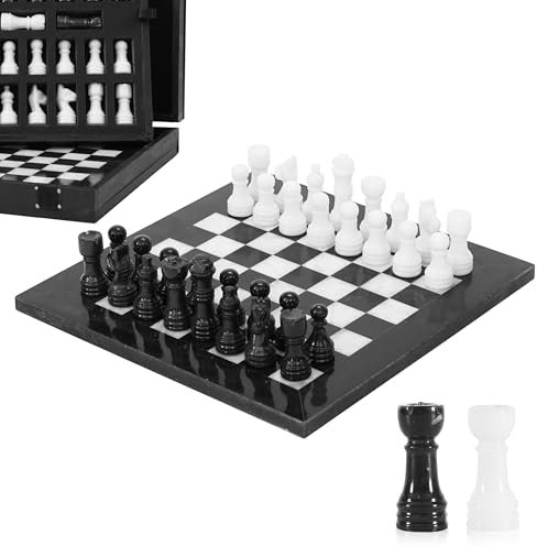 Marmor-Schach-Set für Erwachsene, 25,4 cm, handgefertigtes Schwarz-Weiß-Brettspiel mit 32 Schachfiguren, 2 zusätzlichen Königinnen & Aufbewahrungsbox, luxuriöses Reisespiel, elegantes Geschenk für