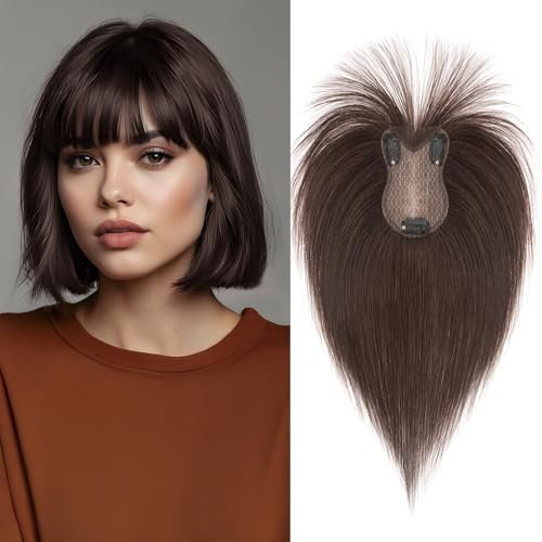 Benehair Echthaar Hair Topper für Frauen, 100% Echtes Haar Clip in Topper, 21g Echthaar Topper mit Bange, Menschliches Haar Topper Spitze Basis, Mokkabraun Toppers für Frauen mit Dünnem #2R