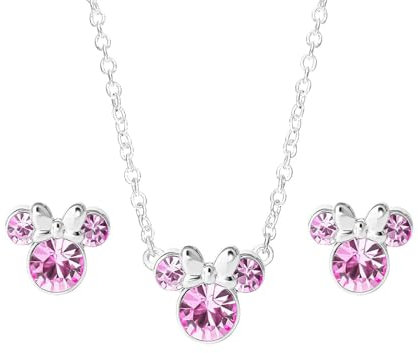 Kaguyo Jewellery Set for Women - Rose Gold Sterling Silver Clear Blue Zirconia Mickey Mouse Pendant Necklace with Minnie Mouse stud Earrings Jewelry Set for Women and Girls - Birthday Gift (pink)