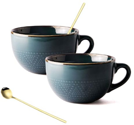 hengshukeji 700 ml große Kaffeetasse, Keramik-Kaffeetasse 2 Set, Teetassen für Büro und Zuhause, Geburtstagsgeschenk, spülmaschinen- und mikrowellenfest (Dunkelgrün 2 Set)