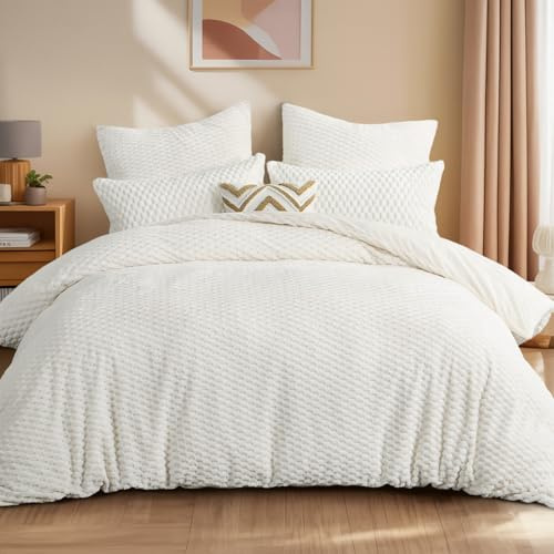 Aisbo Winter Flanell Bettwäsche 200x200 3teilig Weiß - Warm Plüsch Winterbettwäsche Flauschige Teddy Fleece Cashmere Touch Bettbezug und 2 Kissenbezüge 80x80 cm mit Reißverschluss