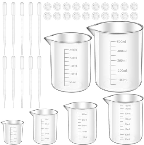 Messbecher aus Kunststoff, transparent, 6-teilig, Labor-Messbecher mit 10 Pipetten, 20 Fingerbetten, Flüssigkeitsbehälter 25 ml/50 ml/100 ml/150 ml/250 ml/500 ml, für Labor, Wissenschaft, Chemie