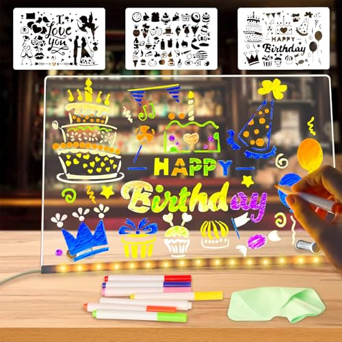 Tableau à message lumineux pour enfant - Tableau mémo LED avec stylo 7 couleurs avec 2 types de supports, 3 modèles de coloriage creux - Tableau à dessin lumineux à LED - Tableau effaçable à