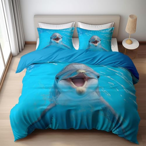 Juego de Funda Nórdica Cama 105-200 x 200 cm, Ropa de Cama Suave y Acogedora, Funda Nórdica Piscina Delfín, Fundas de Edredón Reversibles Azur de Lujo y Fácil Cuidado