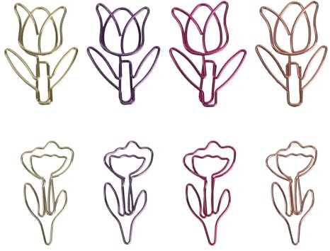 lasuroa 100stk Büroklammern Blumen, Niedliche Metall-Büroklammern in Tulpenform Lustige Lesezeichen Bürobedarf Schulzubehör für Schreibtischablage Organisation Hochzeitsdekoration