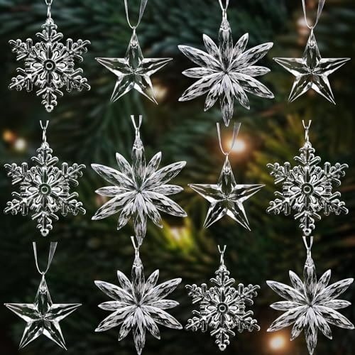 12 Stücke Christbaumschmuck,Eskristalle Sterne Schneeflocken Anhänger Deko,Acryl Hängende Weihnachtsbaumdeko,Transparent Ornamente für Weihnachtsbaum