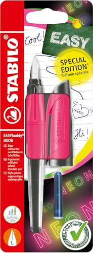 STABILO EASYbuddy NEON - Ergonomic School Fountain Pen - L-Nib - Left-Handed - Pack of 1 - Neon Pink including Blue Ink Cartridge