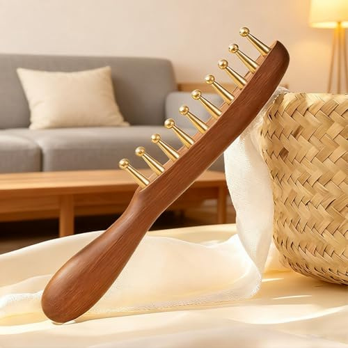Kupfer zähne Kopf Körper Massage Kamm, Multifunktion ale Messing Holz Massager, Kopfhaut Kamm und Gua Sha Werkzeug für Frauen Männer
