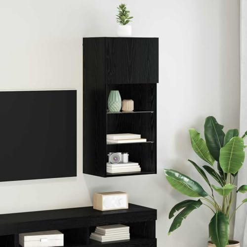 Teenpull Wandmontierter TV Schrank, Schwarz Eichen-Optik, 40,5x30x90 cm, mit LED-Beleuchtung, Medienkonsole für Wohnzimmer, Schlafzimmer, modernes Design