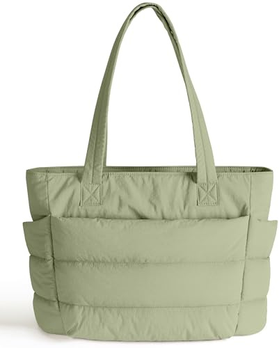 XKIILH Puffer Tote Bag for Women, Cute Quilted Carryall with Zippered Compartments Shoulder Bag Handbag for Work, School, Travel, Gym, 20L, Green