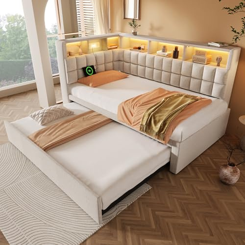 TOBIDOEN Polsterbett 90x200 cm mit Ausziehbett 90x190 cm, Funktionales L-förmiges Kopfteil mit Regalen, Schlafsofa, Platzsparend als Gästebett, Leinen-Baumwolle (Beige, ohne Matratze)