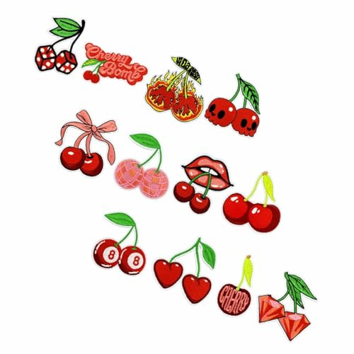12 Stück Kirsch-Aufnäher zum Aufbügeln Frucht Stickerei-Aufnäher | zum Aufnähen und Reparieren Niedliche Kirschfrucht-applikations-aufnäher Für Stoff Mädchen Shirts Shorts Kleidung