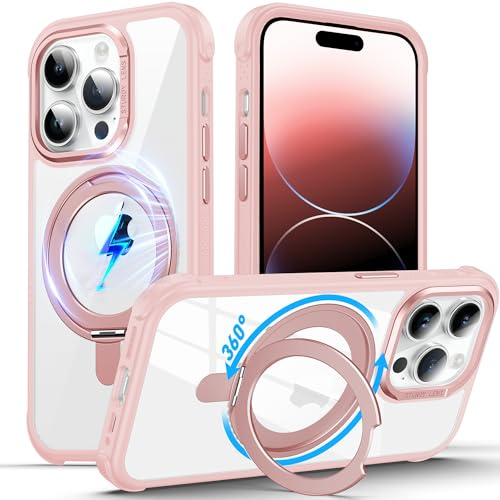 DASFOND für iPhone 14 Pro Max Hülle, [Kompatibel mit MagSafe ] 360°Magnetischer Ständer Militärschutz Schlankes, Stoßfeste Kratzfeste Handyhülle für iPhone 14 Pro Max Case All-in-One, Transparent Pink