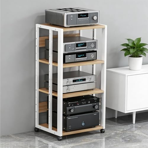 Laohucai 4 Tier AV Media Stand with Wheels, Modern Stereo Cabinet Receiver Console Shelf, Audio Component Rack with Adjustable Shelves, for Record Player, Dvd, TV Box, Printer