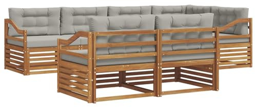 vidaXL Outdoor-Sofagarnitur mit Kissen 7 pcs Natürlich und Hellgrau, Balkonsofa, modernes Eckmöbel, robuster Lounge, Terrassen-Sitzgruppe, bequemer Gartenstuhl