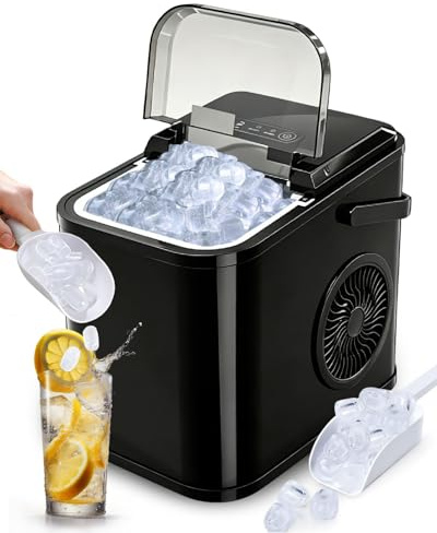 Ice Maker Machine Countertop, 8 Ice Cubes in 6 Mins, 12KG in 24H, 2 Sizes Bullet Ice, Self-Cleaning, Portable Small Ice Maker with Handle and Scoop, for Home Kitchen Office Party