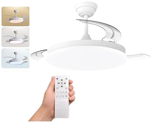 LYC LED Ventilador Techo Aspas Retráctiles, Ventilador de Techo con Luz, Silencioso con Mando, Motor DC Reversible, Ceiling Fan with Light (Blanco, 48W)