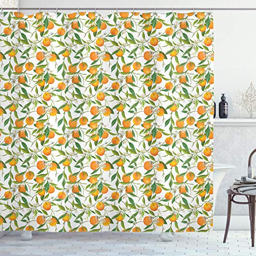 ABAKUHAUS grün orange Duschvorhang, Orange AST, Stoffliches Gewebe Badezimmerdekorationsset mit Haken, 175 x 240 cm, Orange Grün Gelb