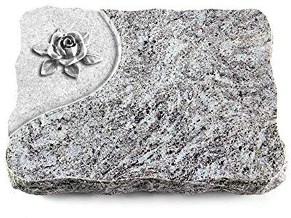 Wilhelmy Grabmale Grabplatte, Grabstein, Grabkissen, Urnengrabstein, Liegegrabstein Modell Folio 40 x 30 x 5 cm Marina Blue-Granit, poliert inkl. Gravur (Aluminium-Ornament Rose 4)