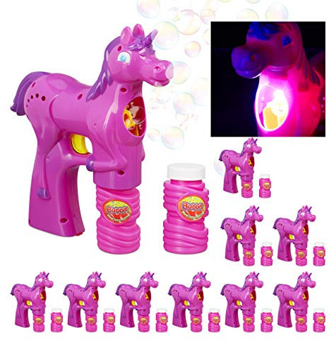 Relaxdays 10 x Einhorn Seifenblasenpistole, LED, batteriebetrieben, inkl. 20x Seifenblasen Flüssigkeit, Kinder & Erwachsene, pink