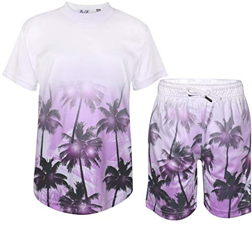 A2Z 4 Kids Tropical Palm Trees Top Shorts Gradient Colour Contrast Short Sleeves - Shorts Set 477 Purple 11-12