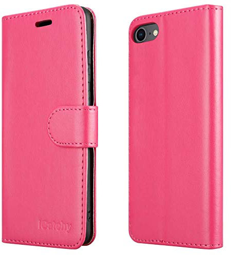 iCatchy for iPhone SE 2022/2020, iPhone 8/7 Leather Wallet Book Flip Folio Stand View Case Compatible With iPhone SE 2022/2020 (Pink)