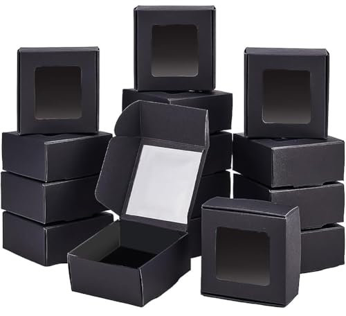 BENECREAT 30 Pack Kraftpapierboxen mit klarem Fenster 6.5x6.5x3cm Schwarze Geschenkverpackungsboxen für Hochzeitsfeier Gefälligkeiten