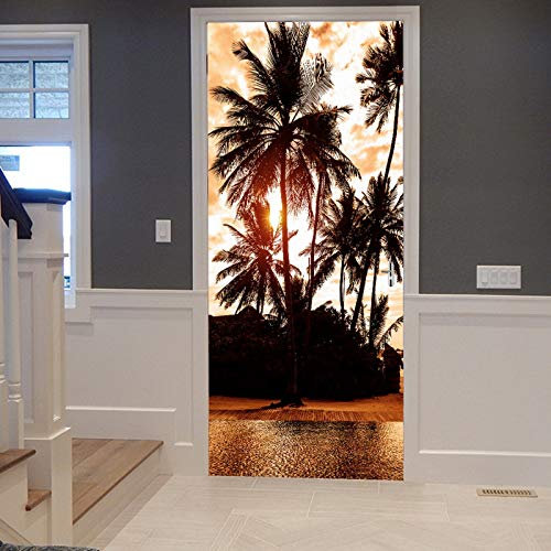 A.Monamour Türtapete Selbstklebend Türfolie Türposter 3D Tropische Insel Palme Küsten Landschaft Bei Sonnenuntergang Natur Vinyl Folie Türdeko Tapete Wandbild Türaufkleber Türtattoo 90 x 200 cm