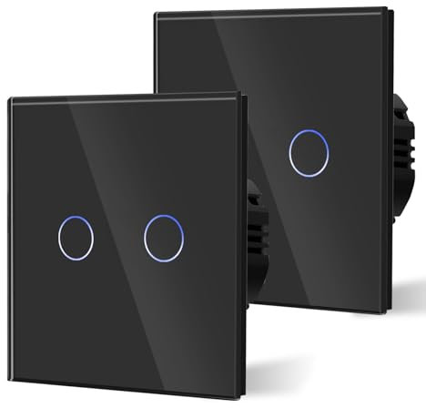 BSEED Interruptor Tactil luz pared,Interruptores Conmutador Modernos,Vidrio Panel con luz Piloto,Sin Función Wifi,2 Gang 2 Vía - 2 Paquetes,86mm Negro