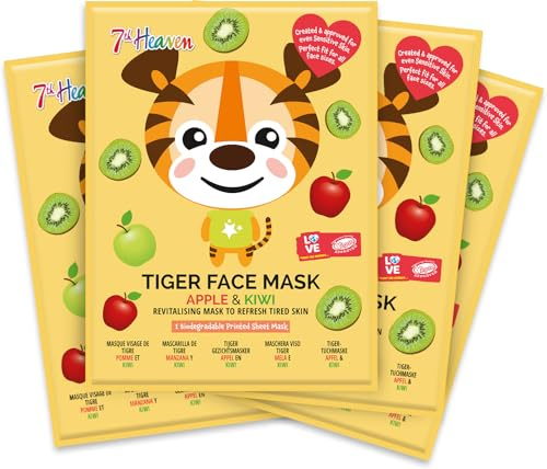 7th Heaven Tiger Mask Gift Set, 4 Kids Sheet Masks, Hydrating, Soothing & Moisturising for Sensitive Skin, Apple & Kiwi Blend, Age 8+, Cruelty Free Skincare Treat for Parties & Sleepovers Fun