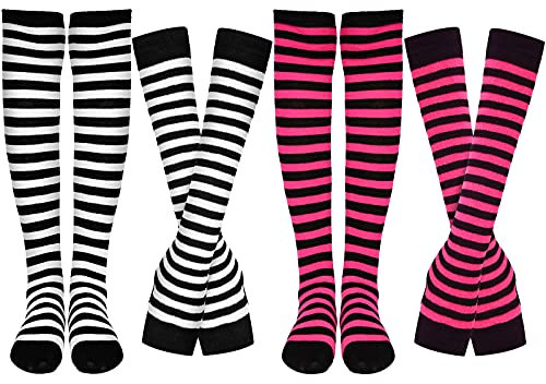 2 Sets Damen Gestreifte Oberschenkelhohe Socken Gothic Lange Fingerlose Handschuhe Warme Overknee Socken Knit Armwärmer Daumenloch Dehnbare Handschuhe für Halloween Winter