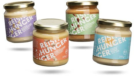 REISHUNGER BIO Nussmus 4er Probierset (4x250g) - Glutenfrei & Vegan - 4 cremige Sorten: Mandelmus, Cashewmus, Erdnussmus & Tahin